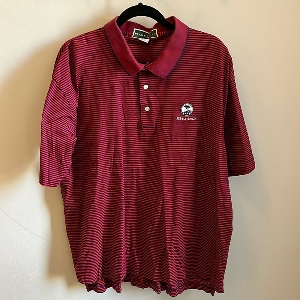 Pebble Beach Polo Golf Shirt Short Sleeves Collar Striped Men’s Size XL Red Navy